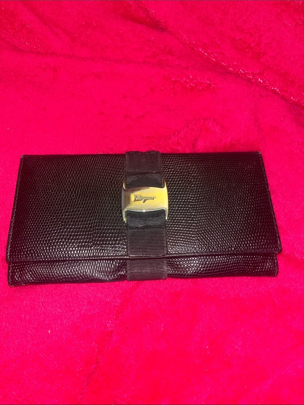 Salvatore Ferragamo Black Textured Leather Vara-Style Clutch with Gold Buckle